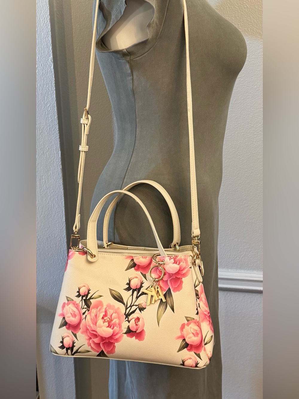 Anne Klein Cream Satchel with Pink Floral Print and Gold Charm Accent